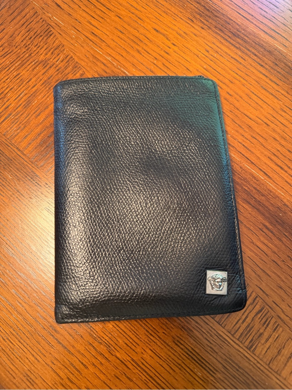 Versace Black Pebbled Leather Wallet with Medusa Plaque